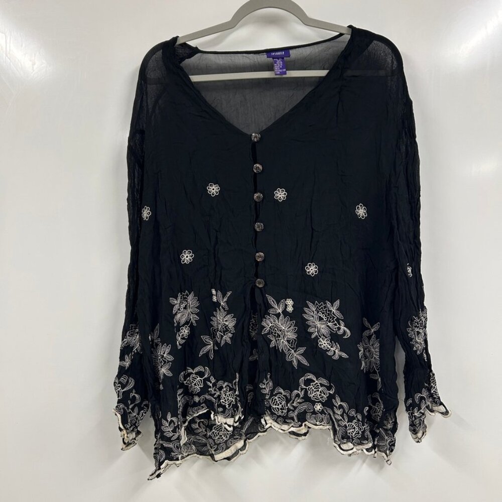 Resource‎ Black Sheer Rayon Boho Flowy Button Front Floral Embroidered Top